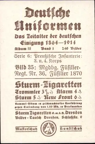 Sammelbild Deutsche Uniformen 1864-1914 Serie 6 Nr. 35 Mgdb. Füsilier-Regt. 36, Füsilier 1870