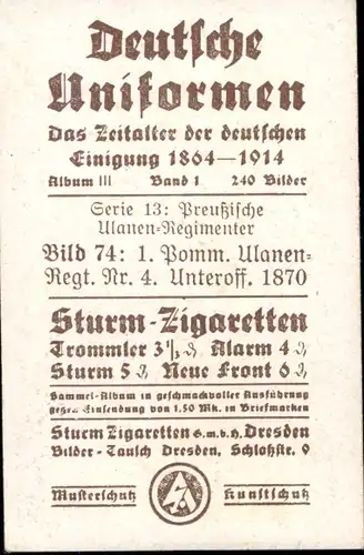 Sammelbild Deutsche Uniformen 1864-1914 Serie 13 Nr. 74 Pomm. Ulanen-Regt. 4, UnterOff. 1870