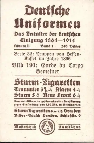 Sammelbild Deutsche Uniformen 1864-1914 Serie 32 Nr. 190 Hess. Kassel, Garde du Corps, Gemeiner 1866