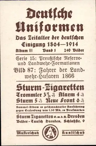 Sammelbild Deutsche Uniformen 1864-1914 Serie 15 Nr. 87 Fahrer d. Landwehr-Husaren 1866