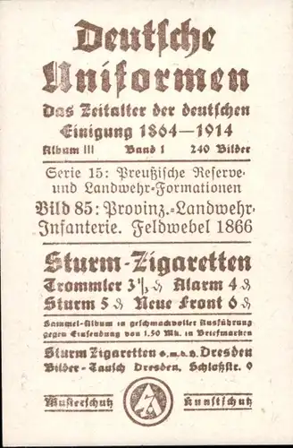 Sammelbild Deutsche Uniformen 1864-1914 Serie 15 Nr. 85 Provinz Landwehr Inf., Feldwebel 1866