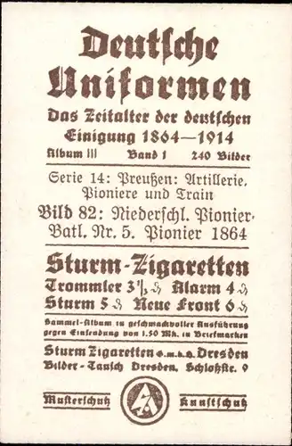 Sammelbild Deutsche Uniformen 1864-1914 Serie 14 Nr. 82 Niederschl. Pionier-Batl. Nr. 5 Pionier 1864