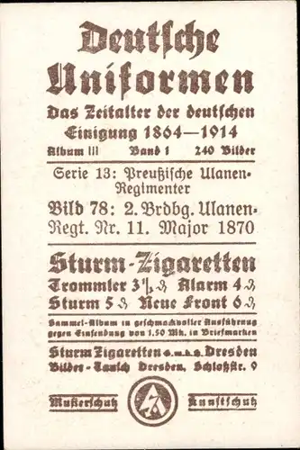 Sammelbild Deutsche Uniformen 1864-1914 Serie 13 Nr. 78 2. Brdbg. Ulanen-Regt. Nr. 11, Major 1870