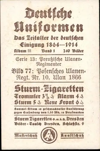 Sammelbild Deutsche Uniformen 1864-1914 Serie 13 Nr. 77 Posensches Ulanen-Regt. Nr. 10, Ulan 1866