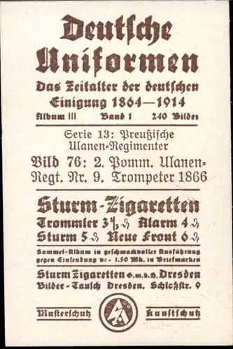 Sammelbild Deutsche Uniformen 1864-1914 Serie 13 Nr. 76 2. Pomm. Ulanen-Regt. Nr. 9, Trompeter 1866