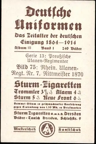 Sammelbild Deutsche Uniformen 1864-1914 Serie 13 Nr. 75 Rhein. Ulanen-Regt. Nr. 7, Rittmeister 1870