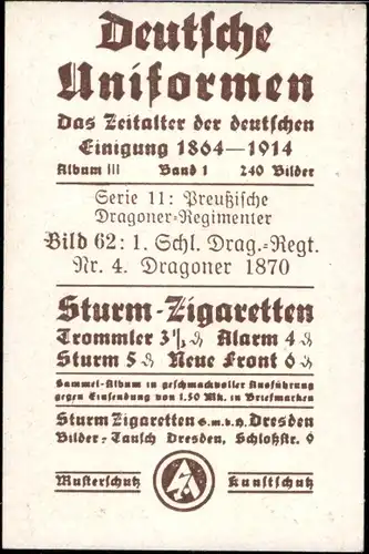 Sammelbild Deutsche Uniformen 1864-1914 Serie 11 Nr. 62 Schles. Drag.-Regt. Nr. 4, Dragoner 1870