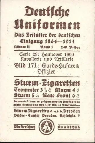 Sammelbild Deutsche Uniformen 1864-1914 Serie 29 Nr. 171 Hannover 1866, Garde-Husaren Offizier