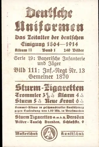 Sammelbild Deutsche Uniformen 1864-1914 Serie 19 Nr. 111 Bayr. Infant., Inf.-Regt. Nr.13, Gemeiner