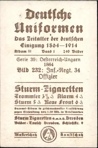 Sammelbild Deutsche Uniformen 1864-1914 Serie 39 Österr.-Ungarn 1864 Nr. 232 Inf.-Regt. 34, Offizier