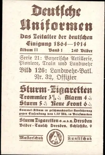 Sammelbild Deutsche Uniformen 1864-1914 Serie 21 Bayern Nr. 126, Landwehr-Batl. Nr. 32, Offizier