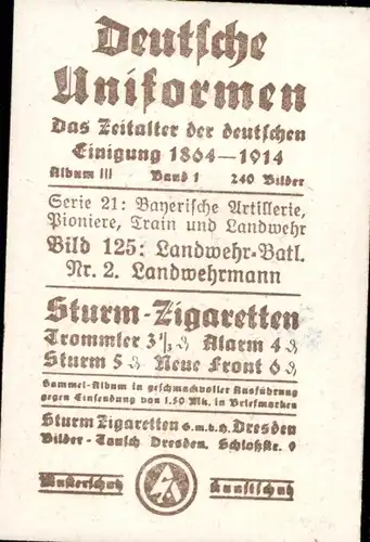 Sammelbild Deutsche Uniformen 1864-1914 Serie 21 Bayern Nr. 125, Landwehr-Batl. Nr. 2, Landwehrmann