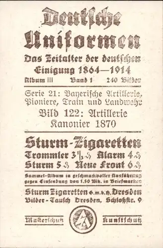 Sammelbild Deutsche Uniformen 1864-1914 Serie 21 Bayern, Nr. 122, Artillerie Kanonier 1870