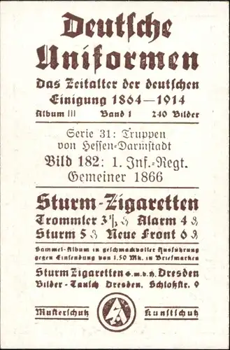 Sammelbild Deutsche Uniformen 1864-1914 Serie 31 Hessen-Darmstadt, Nr. 182, 1. Inf.-Regt., Gemeiner