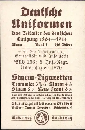 Sammelbild Deutsche Uniformen 1864-1914 Serie 26 Württemberg Nr. 156, 5. Inf.-Regt., Unteroff. 1870