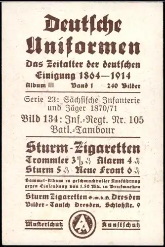 Sammelbild Deutsche Uniformen 1864-1914 Serie 23 Sachsen  Nr. 134 Inf.-Reg. Nr. 105, Batl.-Tambour