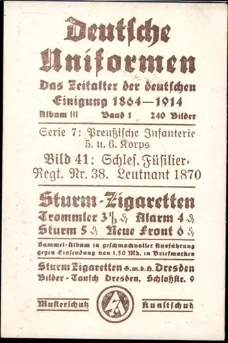 Sammelbild Deutsche Uniformen 1864-1914 Serie 7 Nr. 41 Schles. Füsilier-Regt. Nr. 38, Leutnant 1870