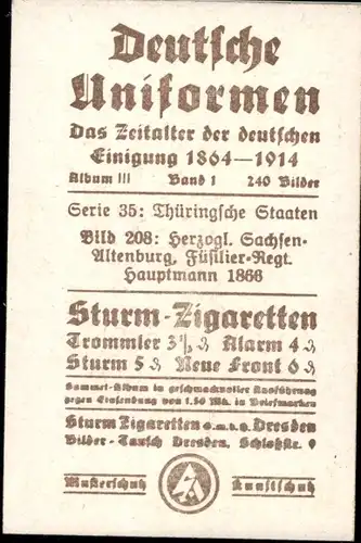 Sammelbild Deutsche Uniformen 1864-1914 Serie 35 Nr. 208, Herzogl. Sachsen-Altenbg. Füsilier-Regt.