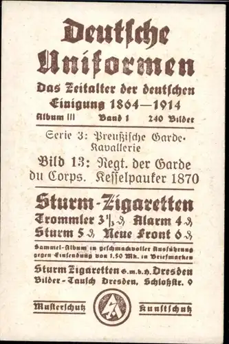 Sammelbild Deutsche Uniformen 1864-1914 Serie 3 Nr. 13, Regt. Garde du Corps, Kesselpauker 1870