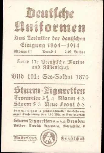 Sammelbild Deutsche Uniformen 1864-1914 Serie 17 Nr. 101, Preuß. Marine, See-Soldat 1870