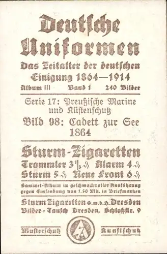 Sammelbild Deutsche Uniformen 1864-1914 Serie 17 Nr. 98 Preuß. Marine, Kadett zur See, 1864