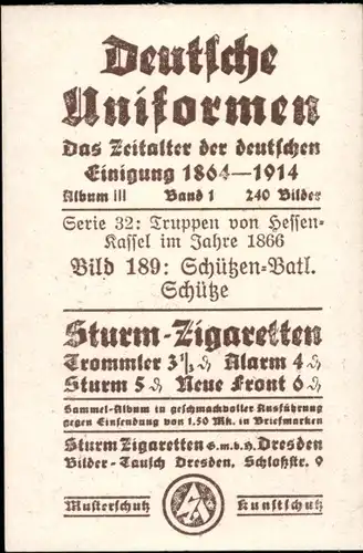 Sammelbild Deutsche Uniformen 1864-1914 Serie 32  Nr. 189, Hessen-Kassel, Schützen-Batl., Schütze