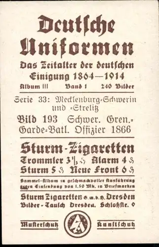 Sammelbild Deutsche Uniformen 1864-1914 Serie 33 Nr. 193, Schwerin Gren.-Garde-Batl., Offizier 1866