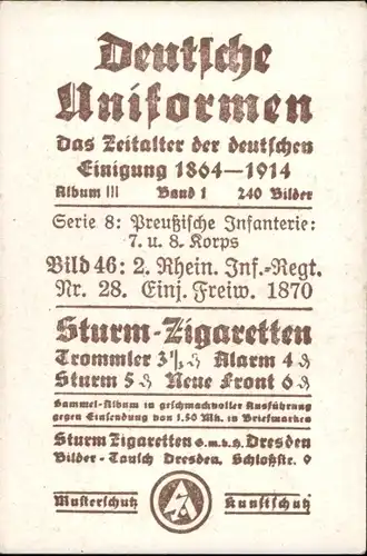 Sammelbild Deutsche Uniformen 1864-1914 Serie 8 Nr. 4, Rhein. Inft.-Regt. Nr. 28, Einj. Freiw. 1870