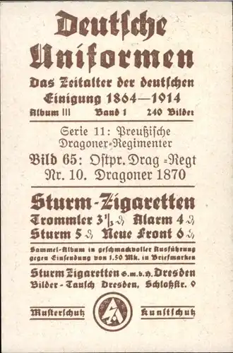 Sammelbild Deutsche Uniformen 1864-1914 Serie 11 Nr. 65 Ostpreuß. Drag.-Regt. Nr.10, Dragoner 1870