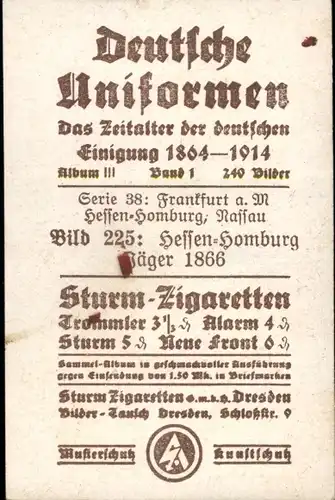 Sammelbild Deutsche Uniformen 1864-1914 Serie 38 Nr. 225, Hessen-Homburg, Jäger 1866