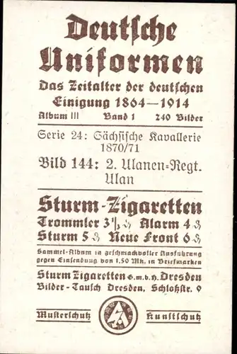 Sammelbild Deutsche Uniformen 1864-1914 Serie 24 Nr. 144, Sachsen, 2. Ulanen-Regt., Ulan, 1870