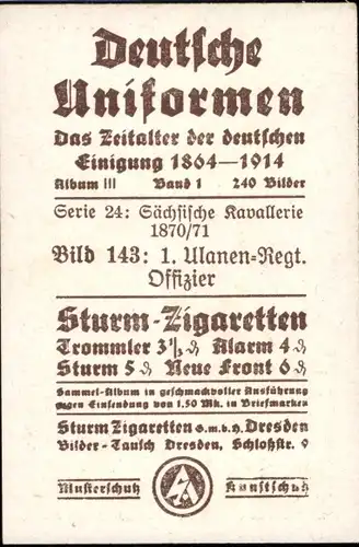 Sammelbild Deutsche Uniformen 1864-1914 Serie 24 Nr. 143 Sachsen, 1. Ulanen-Regt., Offizier 1870