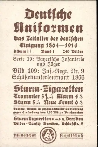 Sammelbild Deutsche Uniformen 1864-1914 Serie 19 Nr. 109 Bayern Inf.-Regt. 9, Schützenunterleutnant