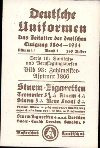 Sammelbild Deutsche Uniformen 1864-1914 Serie 16  Nr. 93, Zahlmeister-Aspirant 1866