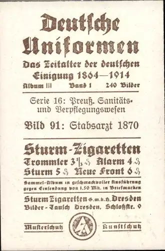 Sammelbild Deutsche Uniformen 1864-1914 Serie 16  Nr. 91, Stabsarzt 1870