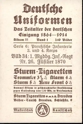 Sammelbild Deutsche Uniformen 1864-1914 Serie 6 Nr. 34, 1. Mgdbg. Inf.-Regt Nr. 26, Füsilier 1870