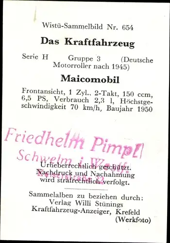 Sammelbild Das Kraftfahrzeug, Serie H Gruppe 3, Maicomobil Motorroller