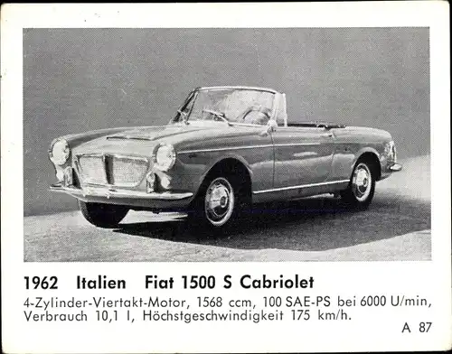 Sammelbild Das Kraftfahrzeug, Italien Fiat 1500 S Cabriolet, Baujahr 1962