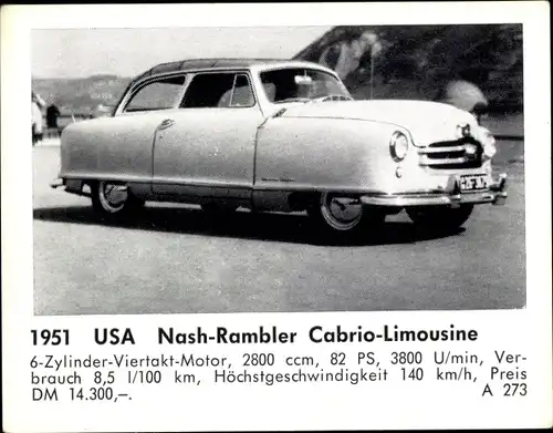 Sammelbild Das Kraftfahrzeug, USA Nash-Rambler Cabrio-Limousine, Baujahr 1951