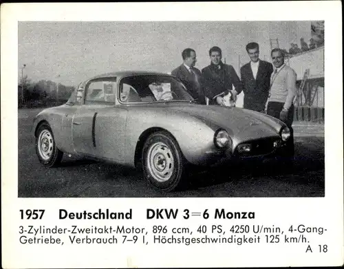 Sammelbild Das Kraftfahrzeug, Deutschland DKW 3-6 Monza, Baujahr 1957