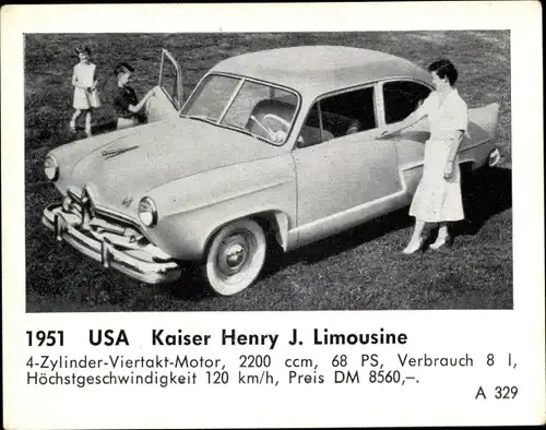 Sammelbild Das Kraftfahrzeug, USA Kaiser Henry J. Limousine, Baujahr 1951