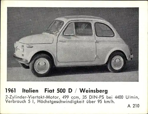 Sammelbild Das Kraftfahrzeug, Italien Fiat 500 D Weinsberg, Baujahr 1961