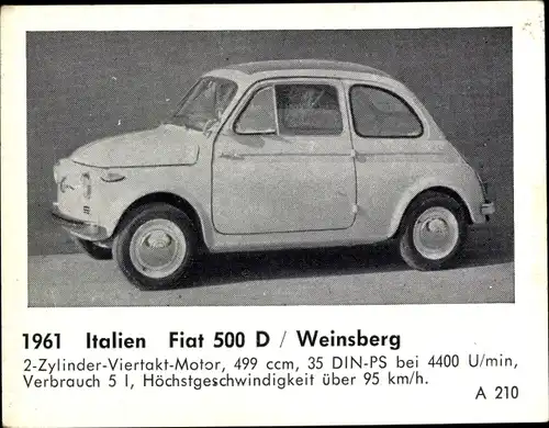 Sammelbild Das Kraftfahrzeug, Italien Fiat 500 D Weinsberg, Baujahr 1961