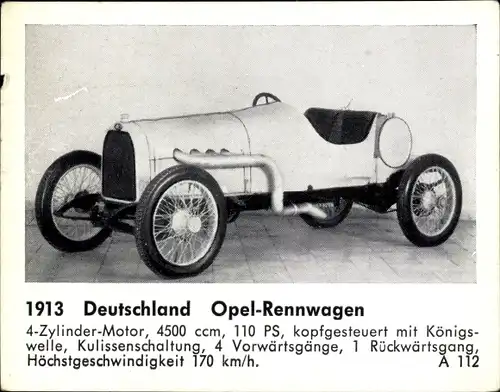 Sammelbild Das Kraftfahrzeug, Deutschland Oper Rennwagen, Baujahr 1913