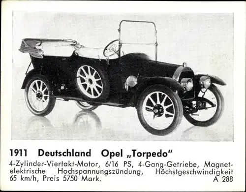 Sammelbild Das Kraftfahrzeug, Deutschland Opel Torpedo, Baujahr 1911