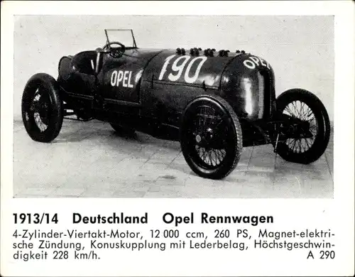 Sammelbild Das Kraftfahrzeug, Deutschland Opel Rennwagen, Baujahr 1913/1914
