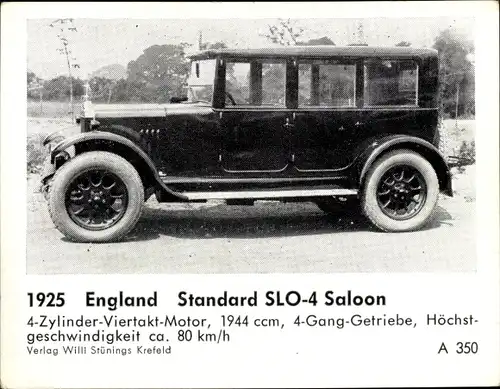 Sammelbild Das Kraftfahrzeug, England Standard SLO 4 Saloon, Baujahr 1925