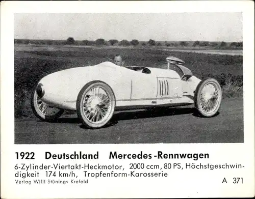 Sammelbild Das Kraftfahrzeug, Deutschland Mercedes-Rennwagen, Baujahr 1922