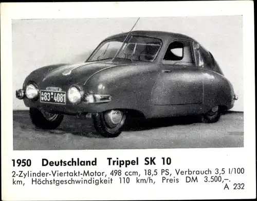 Sammelbild Das Kraftfahrzeug, Deutschland Trippel SK 10, Baujahr 1950
