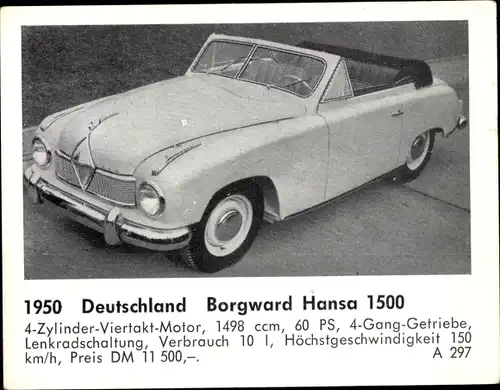 Sammelbild Das Kraftfahrzeug, Deutschland Borgward Hansa 1500, Baujahr 1950